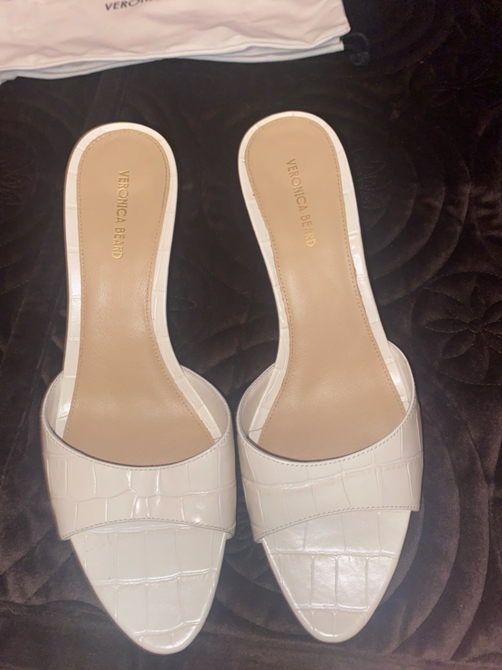 Veronica Beard Ivory Croc-Embossed Slide Mules - Picture 9 of 11